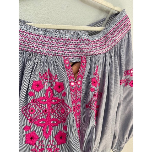 INC Off the Shoulder Blue with Hot Pink Embroidered Smocked Size S Bohemian Chic - Picture 3 of 10